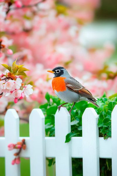 Rotkehlchen vor Kirschblüten von Poster Art Shop