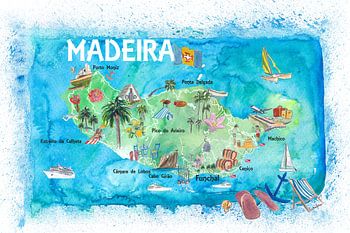 Geïllustreerde kaart van het eiland Madeira Portugal met bezienswaardigheden en hoogtepunten