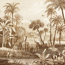Dschungel Vintage mit Giraffen, Farnen, Palmen und Wasser mit Vögeln.