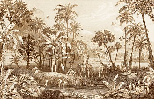 Vintage de la jungle avec girafes, fougères, palmiers et eau avec oiseaux. sur Studio POPPY