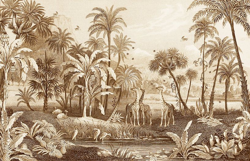 Dschungel Vintage mit Giraffen, Farnen, Palmen und Wasser mit Vögeln. von Studio POPPY
