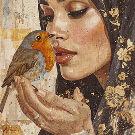 Femme portant un foulard orné de fleurs dorées tenant un rouge-gorge sur sa main sur Emiel de Lange