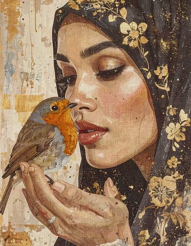 Vrouw met hoofddoek met gouden bloemen houdt een roodborstje op haar hand