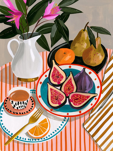 Still life featuring figs, fruit, flowers and a Mediterranean atmosphere
