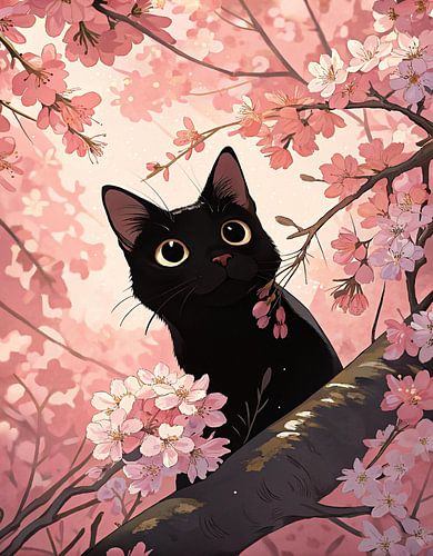 Cute black cat on a cherry tree nature