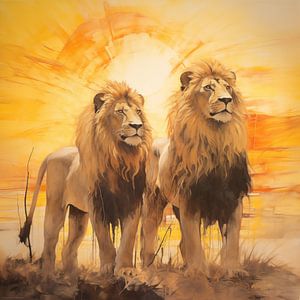 2 leeuwen in savanne abstract van The Xclusive Art