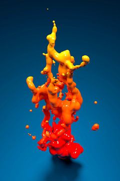 Vibrant Color Splash in Red and Orange on Blue Background van Jörg Hausmann