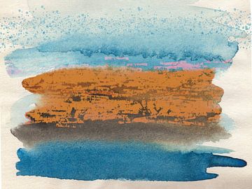 Abstract watercolor minimalist painting. Landscape in blue and ochre by Dina Dankers