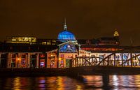 De vissenhal van Hamburg bij nacht
