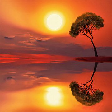 Gebogen boom spiegelt in water bij zonsondergang van Maud De Vries