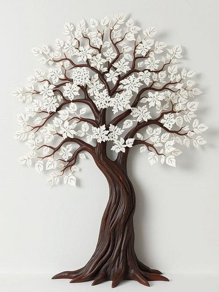Sculpture murale en forme d'arbre d'hiver enchanté - Flocons de neige et feuilles à motifs complexes par Artistic