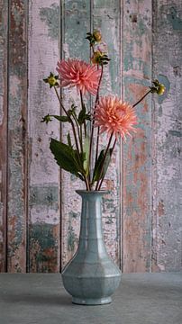 Stilleven, Dahlia's (Préference) met sloophout achtergrond van Oda Slofstra
