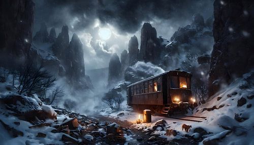 Railway carriage, parked in the mountains, steampunk