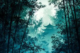 Tempel im nebligen Bambuswald von Art & Soul Creations