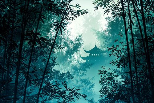 Tempel in mistig bamboebos