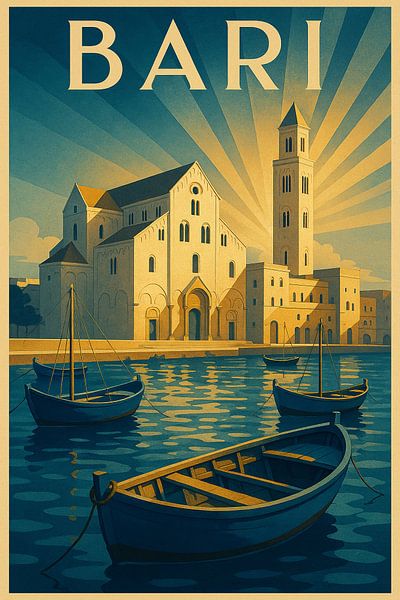 Bari Art Deco Travel Poster - Adriatischer Hafen und Basilika von Travel Shop