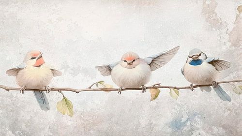 Rustig Stilleven. Drie vrolijke vogeltjes op een tak in pastelkleuren