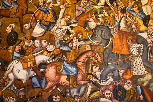 Perzische fresco: slag met olifanten