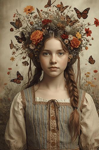 Meisje met vlinders en bloemen