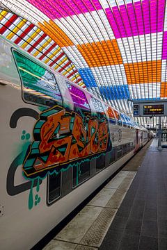 Trein met Graffiti op kleurrijk station Luik-Guillemins van Jack's Eye