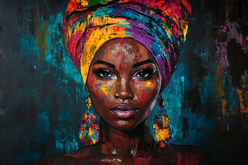 Kleurrijke elegantie van een vrouw met een hoofddoek van Poster Art Shop