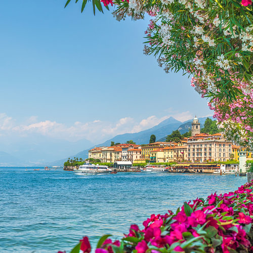 Bellagio Waterfront and Lake Como View with Summer Flowers