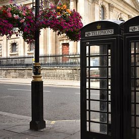Schwarze Telefonzellen London neben hängenden Blumen von Mireille Schipper