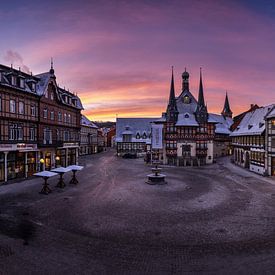 Panorama of Wernigerode town hall in the Harz Mountains at sunrise in winter by Thomas Rieger