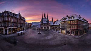 Panorama of Wernigerode town hall in the Harz Mountains at sunrise in winter