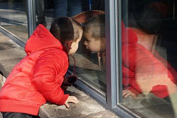 Jongen kijkt door raam van Manongraphy
