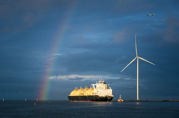 Tanker with rainbow and windmill by Jan Georg Meijer