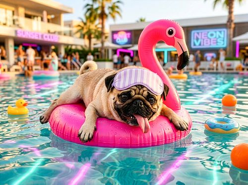 Mopshond die op een roze flamingo-luchtbed drijft