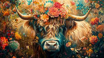 Schotse Hooglanders: Bloemen Portret van ByNoukk