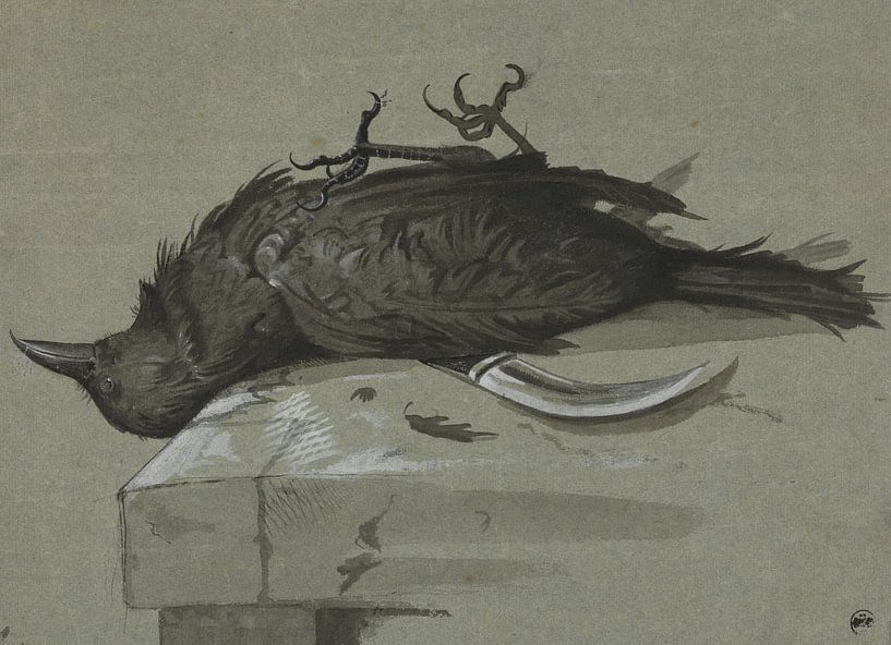 Dode raaf liggend over een mes op een stenen tafel, Anselm Feuerbach van Meesterlijcke Meesters