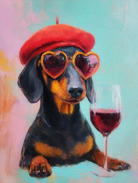 Dackel mit Baskenmütze und Weinglas - humorvolles, modernes Porträt voller Charme