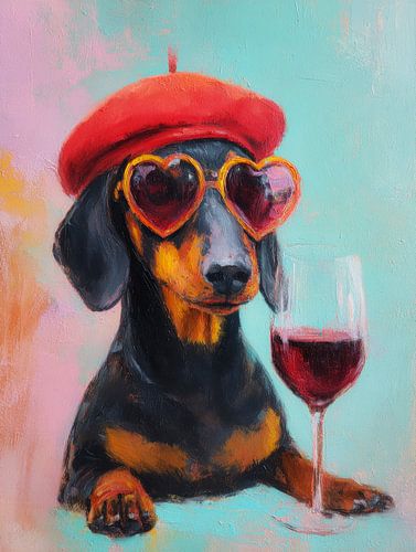 Dackel mit Baskenmütze und Weinglas - humorvolles, modernes Porträt voller Charme von But First Framing