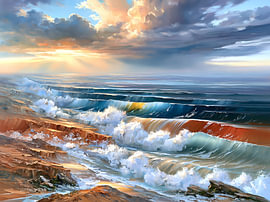 Ozeanblaues Impasto-Gemälde: Das Meer bricht das Abendlicht auf von Surreal Media