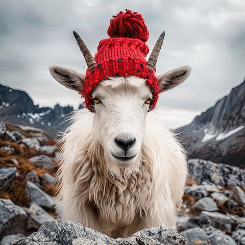 Portrait Mountain goat with winter red wool cap