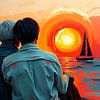 Deux hommes capturés dans la tendresse de la lumière du soir : deux amants au bord de la mer, capturés entre le soleil presque visible, le reflet doré et le doux mouvement des vagues. sur AidasignArt