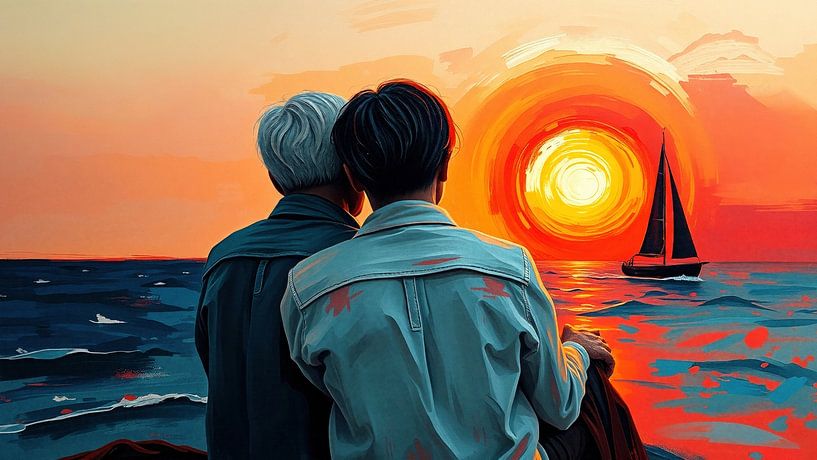 Two men captured in the tenderness of the evening light: two lovers by the sea, caught between the almost visible sun, the golden reflection and the gentle movement of the waves by AidasignArt