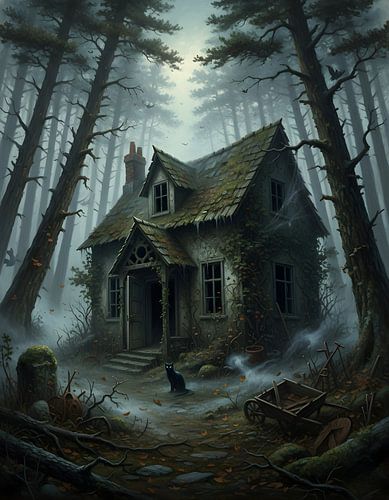 Het verlaten huis onder de zwarte dennen