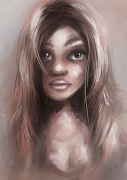 Portret van dame met donkere ogen en lange haren met blonde lokken van Emiel de Lange