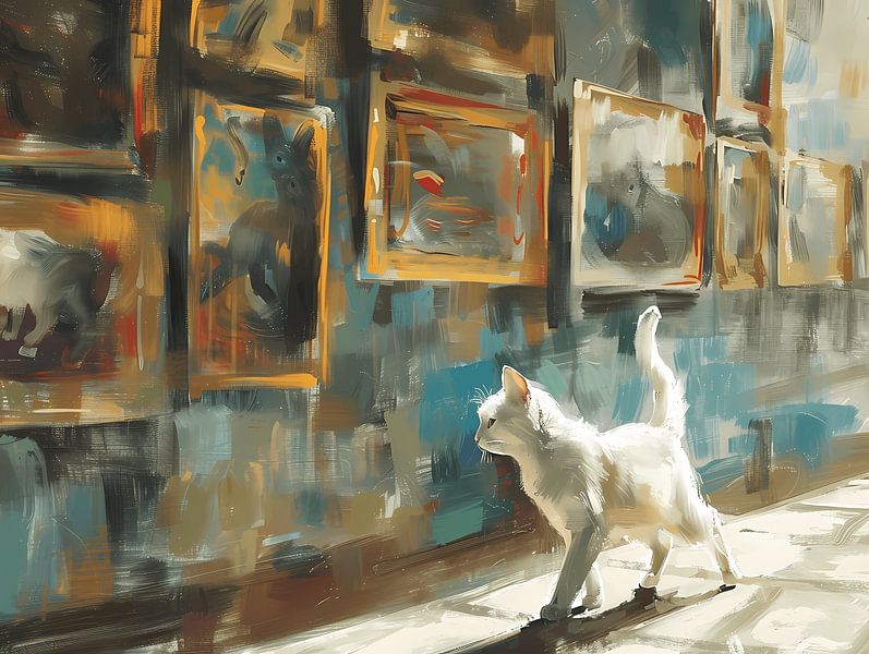 Weiße Katze in der Bibliothek - umherstreifend in der Ausstellungshalle von Littlewhitecat
