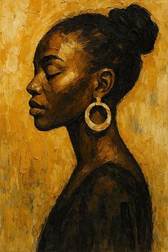 In stil vertrouwen (Afrikaanse vrouw, gesloten ogen, okergeel, krachtig, sereen, acrylverf, schilderij)