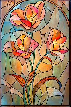 Romantisches Buntglasfenster mit Blumen von Jan Bechtum