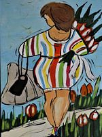 A fat lady with a bunch of tulips and 2 bags.