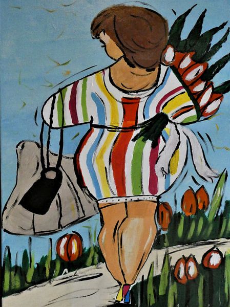 A fat lady with a bunch of tulips and 2 bags. by Sacco Van Munster