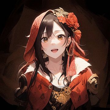 Anime meisje met fraaie rood bruine herfst kleuren van Emiel de Lange