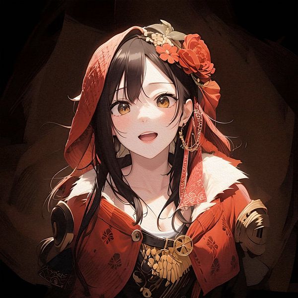 Anime-Mädchen mit hübschen rotbraunen Herbstfarben von Emiel de Lange