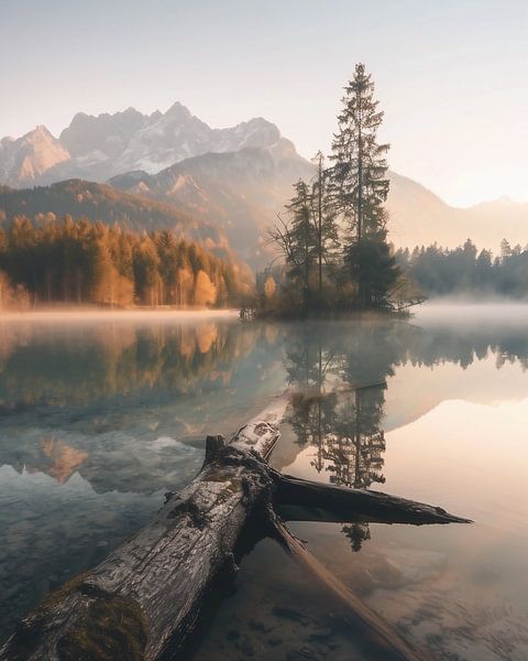 Herbstlicher Sonnenaufgang mit Block auf den Bergsee von fernlichtsicht